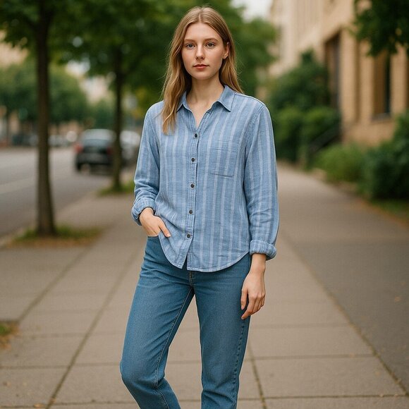 Free People Long Sleeve Blue Plaid Button-Up Shirt- size S - Picture 1 of 9
